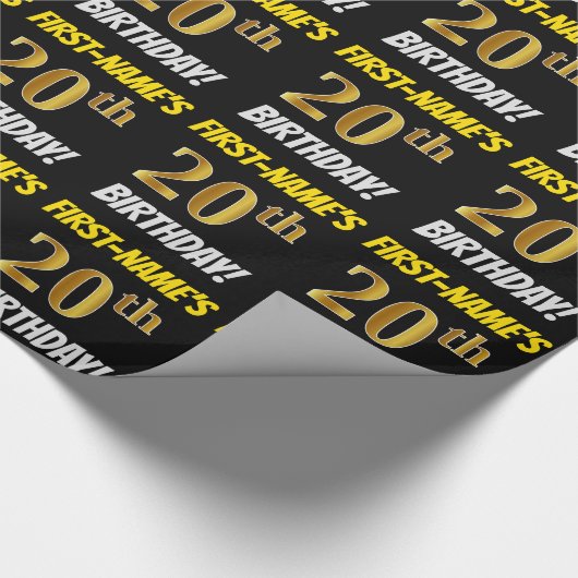 Papier Cadeau Noir, Faux/Imitation Or, "20e ANNIVERSAIRE" (Coin)