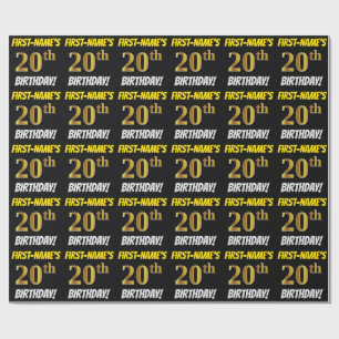 Papier Cadeau Noir, Faux/Imitation Or, "20e ANNIVERSAIRE"