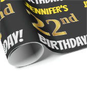 Papier Cadeau Noir, Faux/Imitation Or, "22e anniversaire" (Coin rond)