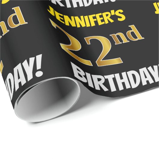Papier Cadeau Noir, Faux/Imitation Or, "22e anniversaire" (Coin rond)