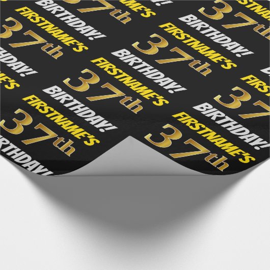 Papier Cadeau Noir, Faux/Imitation Or, "37e anniversaire" (Coin)