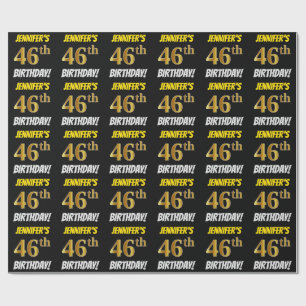 Papier Cadeau Noir, Faux/Imitation Or, "46e anniversaire"