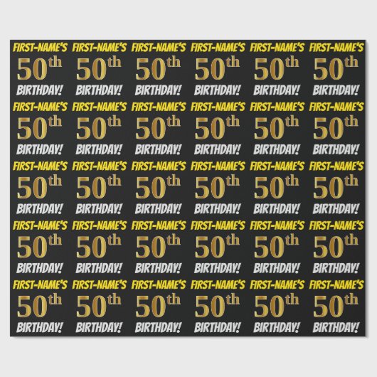 Papier Cadeau Noir, Faux/Imitation Or, "50e ANNIVERSAIRE" (Plat)