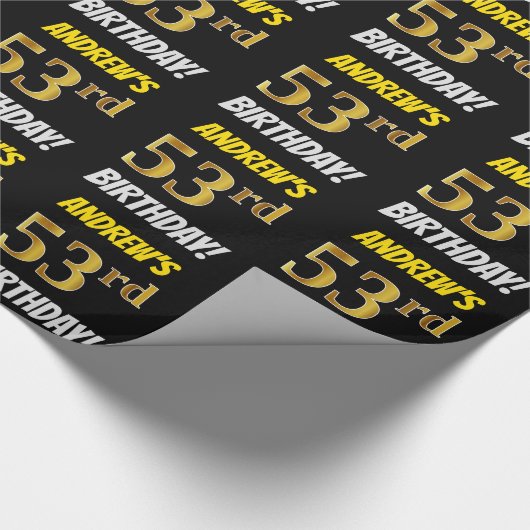 Papier Cadeau Noir, Faux/Imitation Or, "53e anniversaire" (Coin)