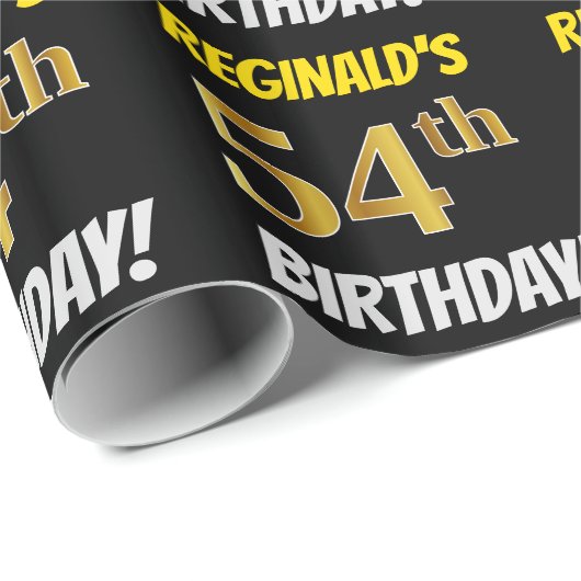 Papier Cadeau Noir, Faux/Imitation Or, "54e anniversaire" (Coin rond)