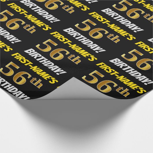 Papier Cadeau Noir, Faux/Imitation Or, "56e anniversaire" (Coin)