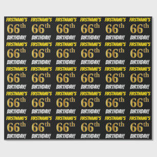 Papier Cadeau Noir, Faux/Imitation Or, "66e anniversaire"