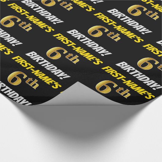 Papier Cadeau Noir, Faux/Imitation Or, "6ème anniversaire" (Coin)