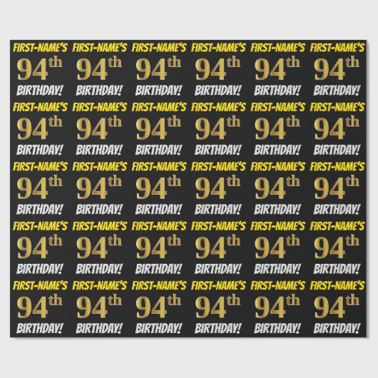 Papier Cadeau Noir, Faux/Imitation Or, "94e anniversaire" (Plat)