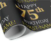 Papier Cadeau Noir, Faux Or "HAPPY 75th BIRTHDAY" (Coin rond)