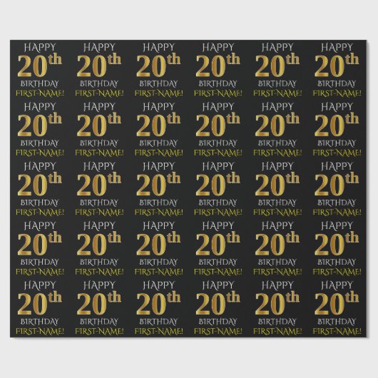 Papier Cadeau Noir, Faux Or "HEUREUX 20e ANNIVERSAIRE" (Plat)