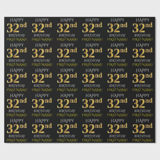 Papier Cadeau Noir, Faux Or "HEUREUX 32e anniversaire" (Plat)