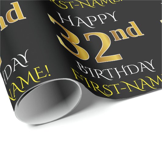 Papier Cadeau Noir, Faux Or "HEUREUX 32e anniversaire" (Coin rond)