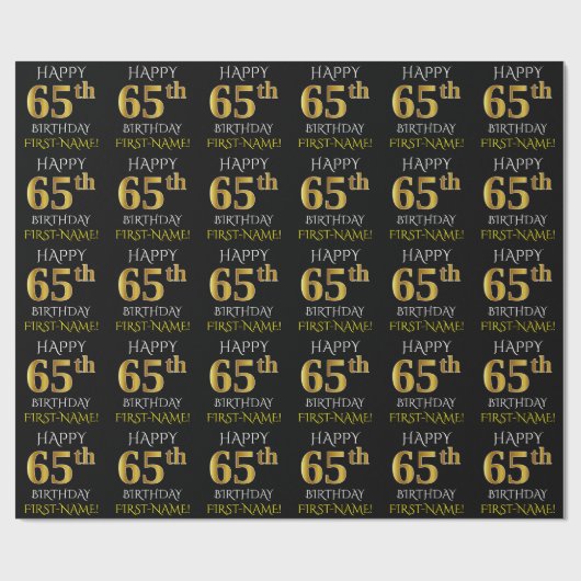 Papier Cadeau Noir, Faux Or "HEUREUX 65ème anniversaire" (Plat)