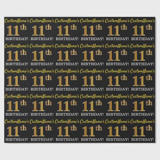 Papier Cadeau Noir, Imitation Or "11ème anniversaire" (Plat)