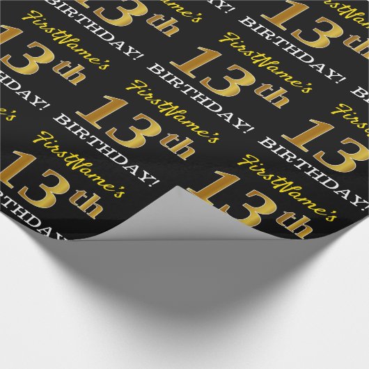 Papier Cadeau Noir, Imitation Or "13ème anniversaire" (Coin)