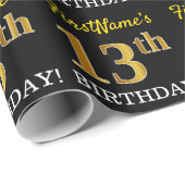 Papier Cadeau Noir, Imitation Or "13ème anniversaire" (Coin rond)