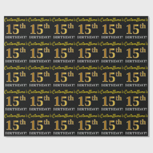 Papier Cadeau Noir, Imitation Or "15ème anniversaire"