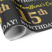 Papier Cadeau Noir, Imitation Or "15ème anniversaire" (Coin rond)