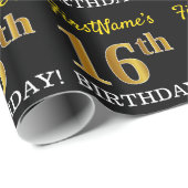 Papier Cadeau Noir, Imitation Or "16ème anniversaire" (Coin rond)