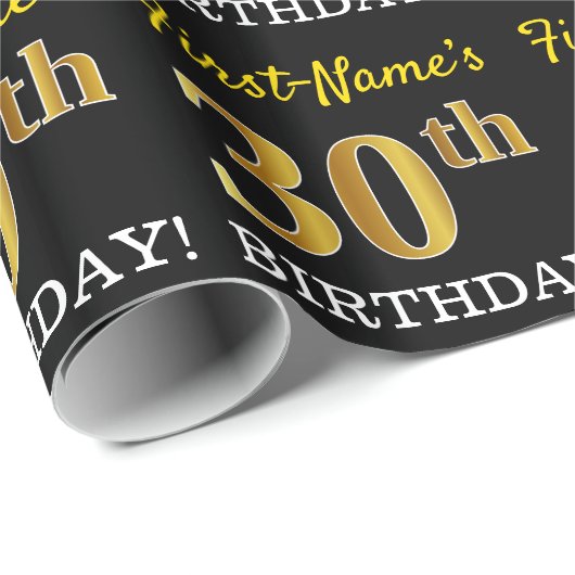Papier Cadeau Noir, Imitation Or "30ème anniversaire" (Coin rond)