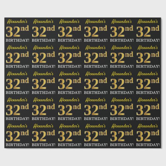 Papier Cadeau Noir, Imitation Or "32e anniversaire" (Plat)
