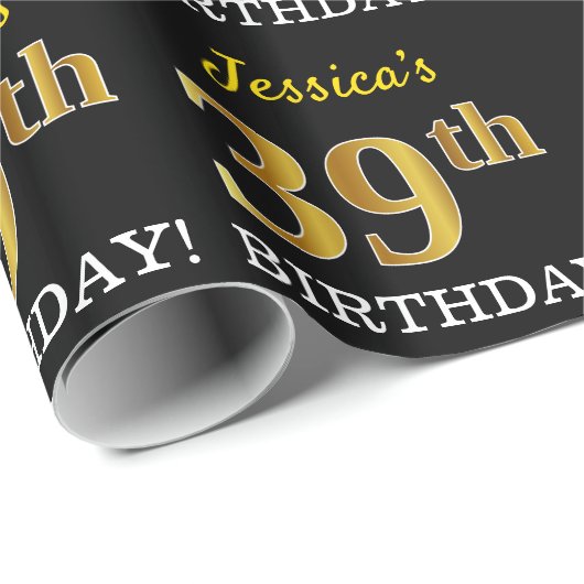 Papier Cadeau Noir, Imitation Or "39ème anniversaire" (Coin rond)