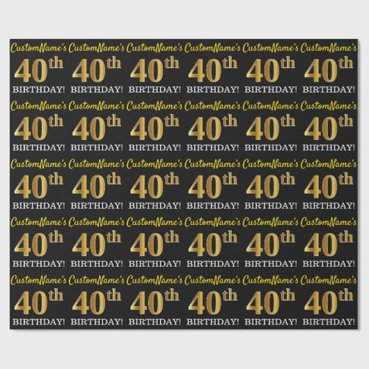Papier Cadeau Noir, Imitation Or "40ème anniversaire" (Plat)