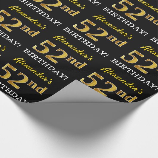 Papier Cadeau Noir, Imitation Or "52e anniversaire" (Coin)