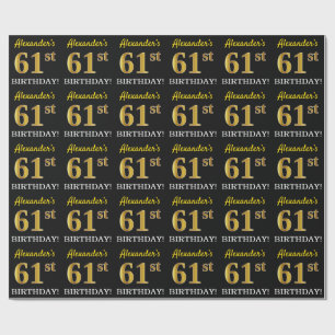 Papier Cadeau Noir, Imitation Or "61ème anniversaire"