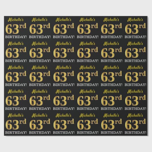 Papier Cadeau Noir, Imitation Or "63ème anniversaire" (Plat)
