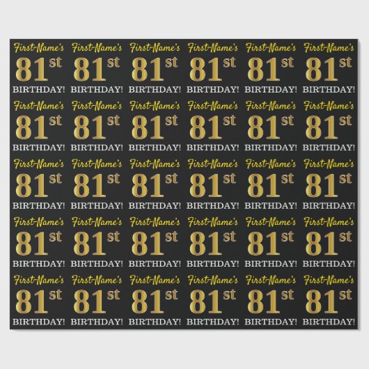 Papier Cadeau Noir, Imitation Or "81e ANNIVERSAIRE" (Plat)