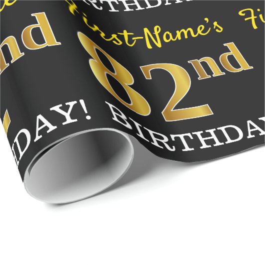 Papier Cadeau Noir, Imitation Or "82e anniversaire" (Coin rond)