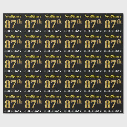 Papier Cadeau Noir, Imitation Or "87ème anniversaire" (Plat)