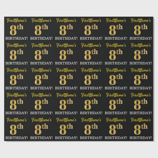 Papier Cadeau Noir, Imitation Or "8ème anniversaire" (Plat)