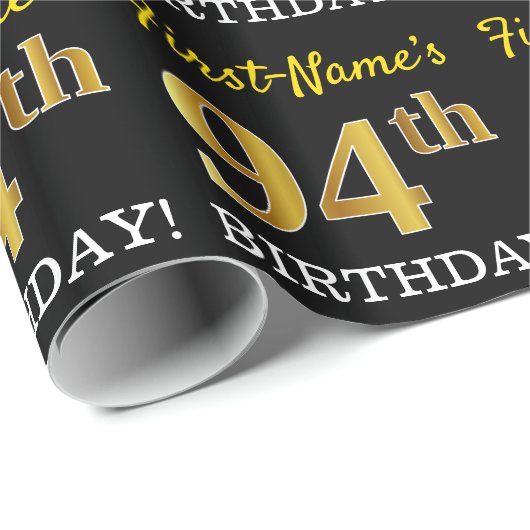 Papier Cadeau Noir, Imitation Or "94ème anniversaire" (Coin rond)