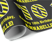 Papier Cadeau Noir & Jaune rayé "10"; 10e anniversaire + nom (Coin rond)