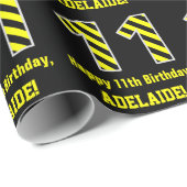 Papier Cadeau Noir & Jaune rayé "11"; 11e anniversaire + nom (Coin rond)