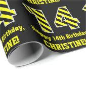 Papier Cadeau Noir & Jaune rayé "14"; 14e anniversaire + nom (Coin rond)