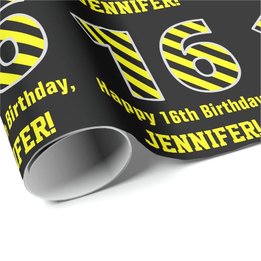 Papier Cadeau Noir & Jaune rayé "16"; 16e anniversaire + nom (Coin rond)