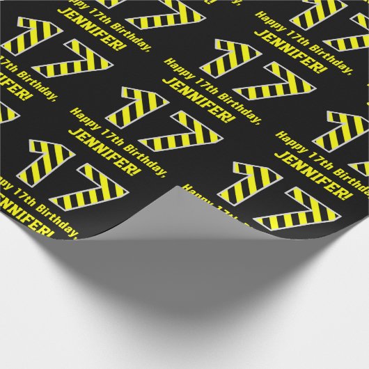 Papier Cadeau Noir & Jaune rayé "17"; 17e anniversaire + nom (Coin)