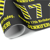 Papier Cadeau Noir & Jaune rayé "17"; 17e anniversaire + nom (Coin rond)
