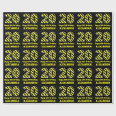Papier Cadeau Noir & Jaune rayé "20"; 20e anniversaire + nom (Plat)