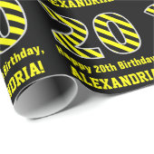 Papier Cadeau Noir & Jaune rayé "20"; 20e anniversaire + nom (Coin rond)