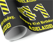 Papier Cadeau Noir & Jaune rayé "41"; 41e anniversaire + nom (Coin rond)