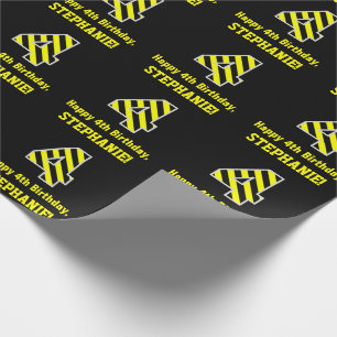 Papier Cadeau Noir & Jaune rayé "4"; 4e anniversaire + nom