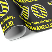 Papier Cadeau Noir & Jaune rayé "70"; 70e anniversaire + nom (Coin rond)