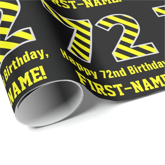 Papier Cadeau Noir & Jaune rayé "72"; 72e anniversaire + nom (Coin rond)
