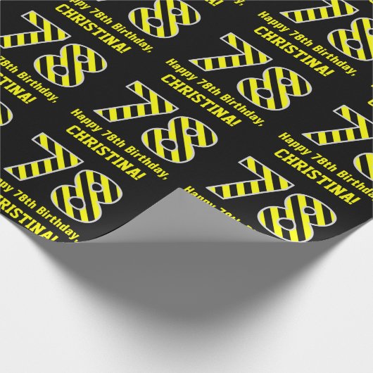 Papier Cadeau Noir & Jaune rayé "78"; 78e anniversaire + nom (Coin)