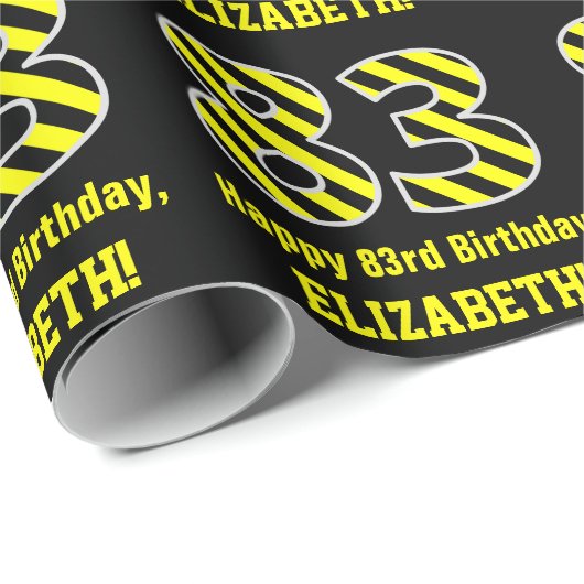 Papier Cadeau Noir & Jaune rayé "83"; 83e anniversaire + nom (Coin rond)